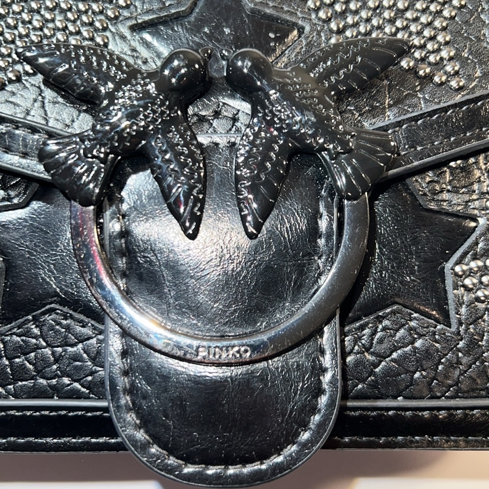 Pinko Crossbody Starry Skies Love Stud Black Leather Bag Silver Chain 8”x5” - Picture 12 of 15